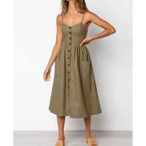 Everkaki Womens Green Boho‎ Style Midi Dress Sleeveless Button Front Size L NWT
